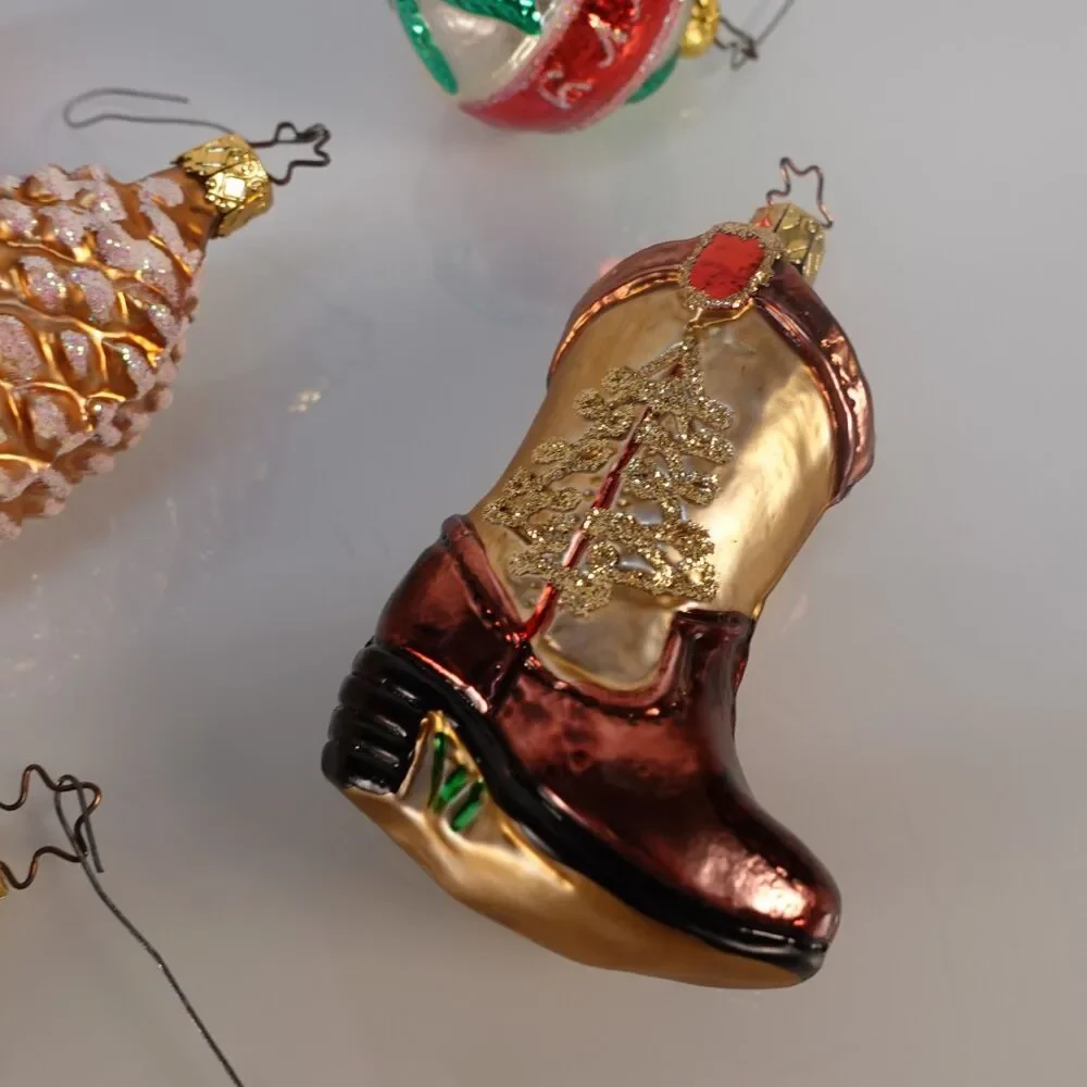 Lot of 7 Vintage Germany Inge Glas Blown Hand Painted Ornaments Boot Clown Pine